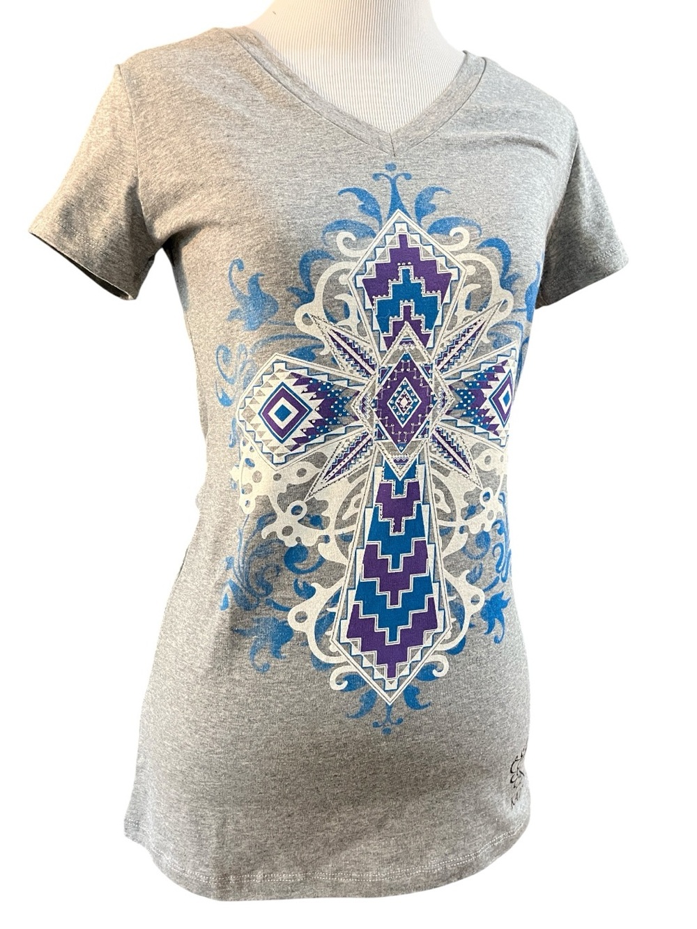 KATYDID SHORT SLEEVE TEE WITH JEWELED GRAPHIC PRINTED CROSS GRA PUR  BLU SIZE S